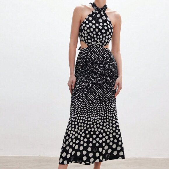 Multicolor French Romantic Women's Polka Dot Halter Asymmetrical Long Dress - Picture 5 of 6